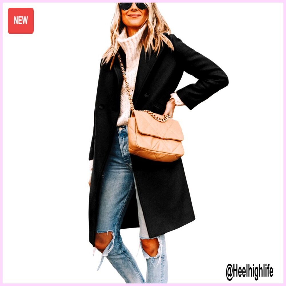 Wool Blend Pea Coat Notch Lapel Slim Fit Knee Length Winter Coat